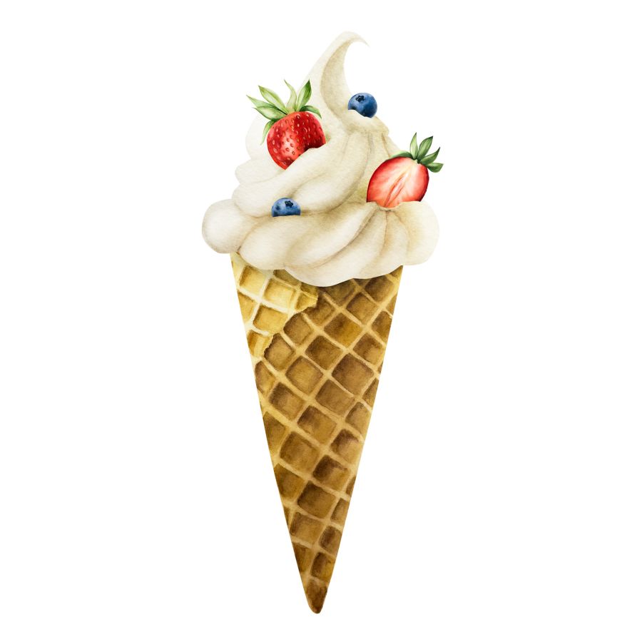 Soft vanilla ice cream in crispy waffle cone with strawberries, blueberries. Hand painting sweet watercolor illustration isolated on background. For designers, menu, shop, decoration, restaurant, for postcards, wrapping paper, covers