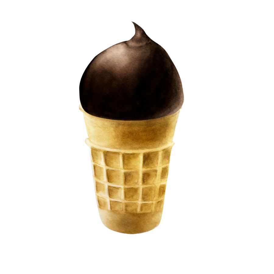Scoop of chocolate glaze ice cream in crispy waffle cone. Hand painting sweet watercolor illustration isolated on background. For designers, menu, shop, decoration, restaurant, for postcards, wrapping paper, covers