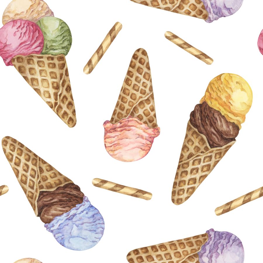 Ice cream cones and waffles watercolor seamless pattern. Whimsical pastel colored dessert clipart for textile, wallpaper, packaging. Sweet candy theme