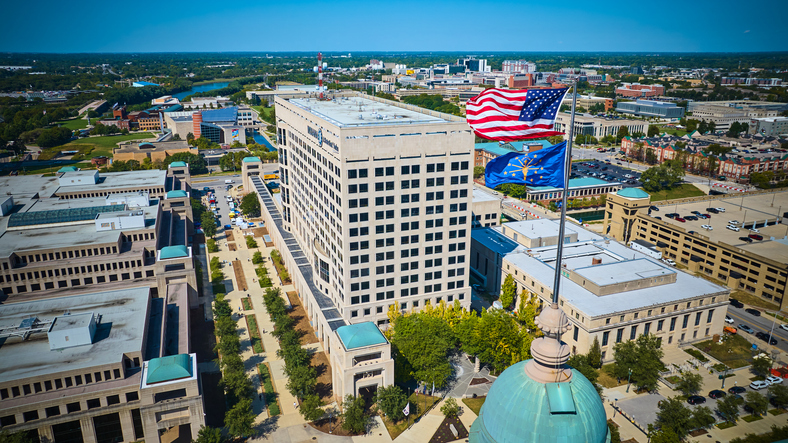 Aerial View of Indianapolis Government Building with Flags