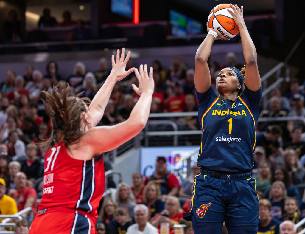 NaLyssa Smith of the Indiana Fever Shoots the Ball Against Stefanie Dolson