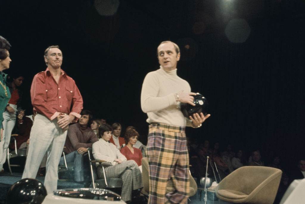 Actor and Comedian Bob Newhart and Dick Martin on the "Celebrity Bowling" tv show in 1975
