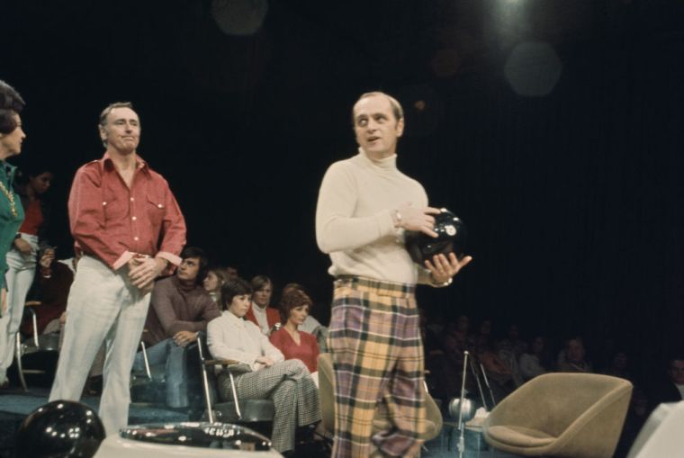 Actor and Comedian Bob Newhart and Dick Martin on the "Celebrity Bowling" tv show in 1975