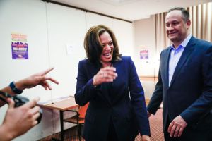 Senator Kamala Harris laughs as she gets ready to take the stage at her first presidential campaign rally in her hometown of Oakland, California, on Sunday, Jan. 27, 2019.