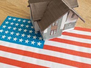 house on American flag background