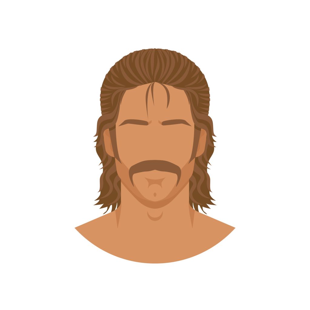 Face of man with mustache and mullet hairstyle