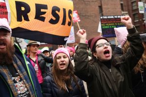 Thousands march through the streets of Seattle, from Cal Anderson Park to the Seattle Center, for the Women's March 2.0, Saturday, Jan. 20, 2018. Demonstrators came out in support of women's right and immigrant rights and against President Trump's adminis