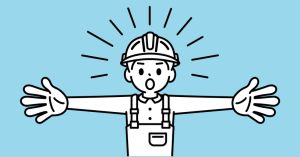 A boy wearing a hard hat and overalls with suspenders or braces opens his arms and warns, looking at the viewer, minimalist style with a black and white outline
