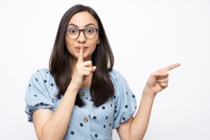 Pretty lady wear blue dotted dress isolated on white background stock photo