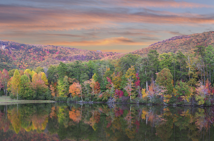 Panorama of Fall Foliage Reflected in the Lake at Cheaha State Park, Alabama