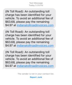 Screenshot of Scam Text Claiming to be from Indiana Toll Road