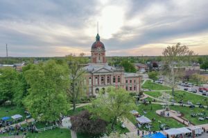 Aerial drone shot captures the Elkhart County Courthouse in Goshen, Indiana.