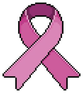 Pixel art of a pink awareness ribbon symbolizing support for breast cancer research and advocacy in 8-bit style