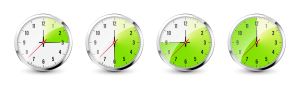 Wall clock, stopwatch icons. Shiny metal chronometer, time counter with dial. Green countdown timer showing minutes and seconds. Time measurement for sport, start and finish. Vector illustration
