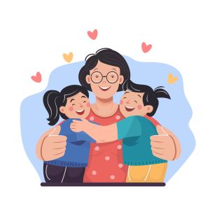 Happy family mom and kids. Design concept family values, love, motherhood, childhood.