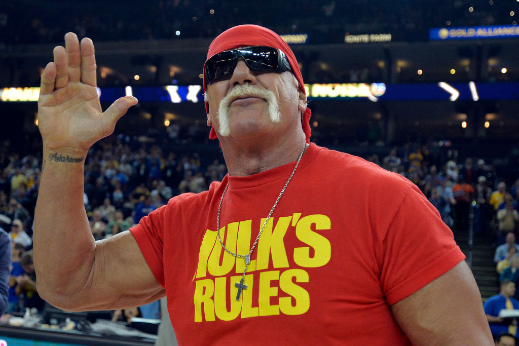 Hulk Hogan gestures to the crowd before the start of the Warriors vs. Brooklyn Nets game at Oracle Arena in Oakland, Calif., on Thursday, Nov. 13, 2014. (Jose Carlos Fajardo/Bay Area News Group)