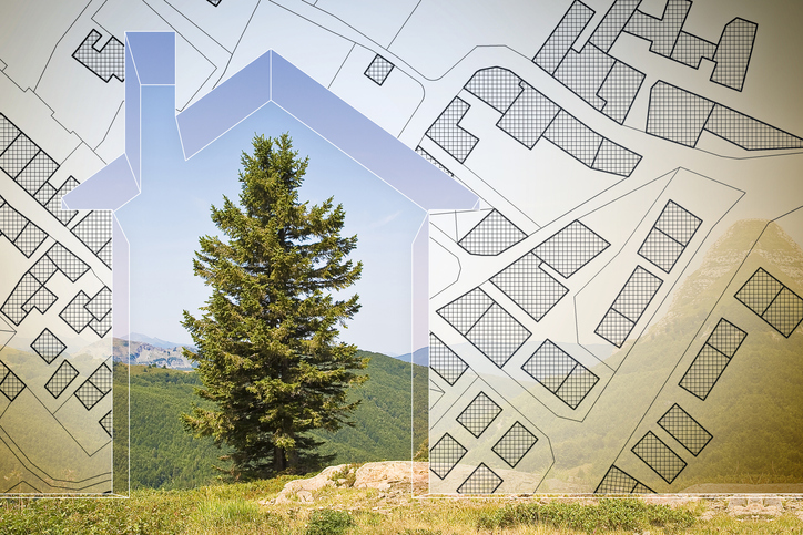 Imaginary cadastral map of territory with buildings, roads and land parcel with an home silhouette and green fir tree against the mountains - planning and construction a new home in nature - concept image