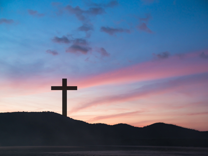 Cross christian god religion on sunset background, jesus church worship pray catholic grace christ, symbols christ love holy spiritual hope peach victory spirit meditation catholicism crucifix trush.