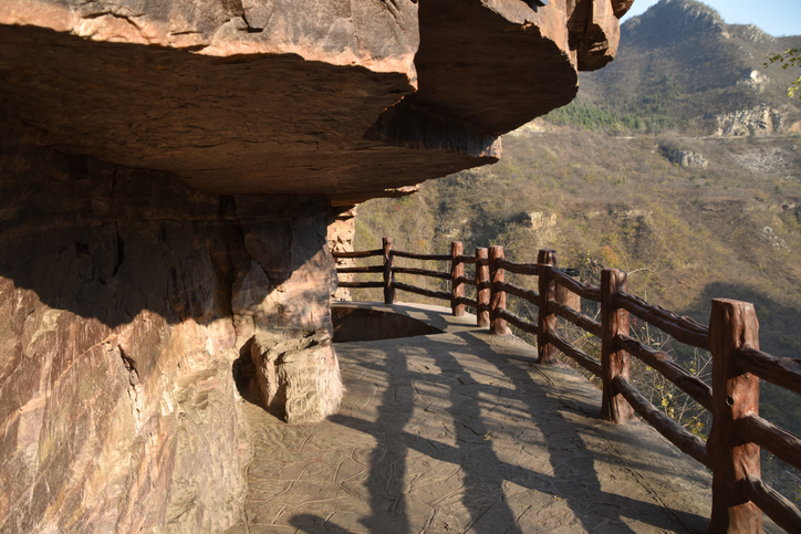 A Footpath Along the Red, Sandstone Canyon Walls at Yuntai Mountain in Henan Province, China