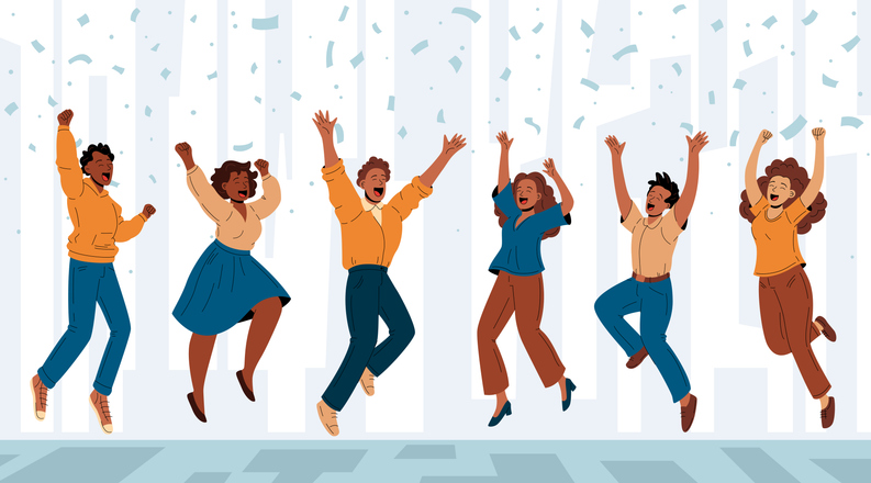 Happy group of people mid-jump, expressing joy and excitement in a party atmosphere.