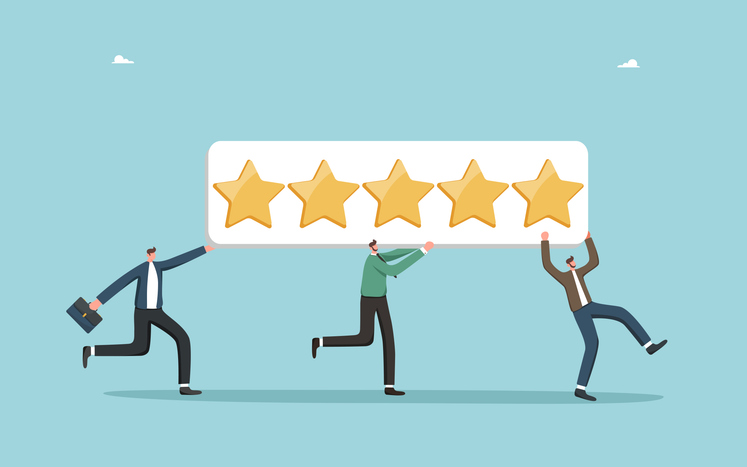Men running with sign with a five star rating