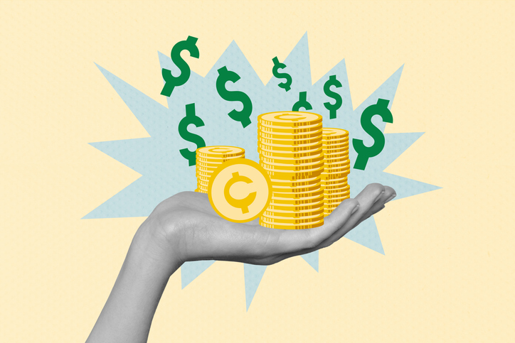 Composite photo collage of hand hold coin income success earnings capital investor budget dollar salary isolated on painted background