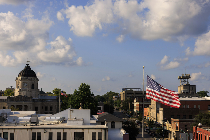 Cityscape of downtown Bloomington, Indiana with courthouse