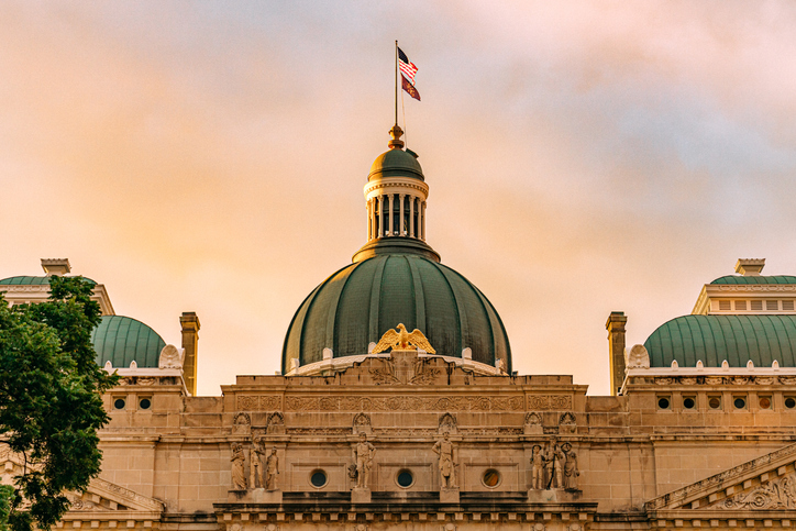 Vibrant Warm-Colored Sunset over the Indiana State Capitol building in Indianapolis, Indiana