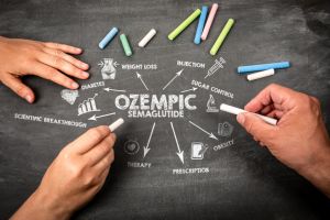 OZEMPIC. lllustration with icons, arrows and keywords on a black chalkboard background