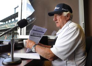 Broadcaster Bob Uecker prepared for the game in the pressbox at Coors Field Friday night. The Colorado Rockies hosted the Milwaukee Brewers Friday night July 15, 2011 at Coors Field. Karl Gehring/ The Denver Post