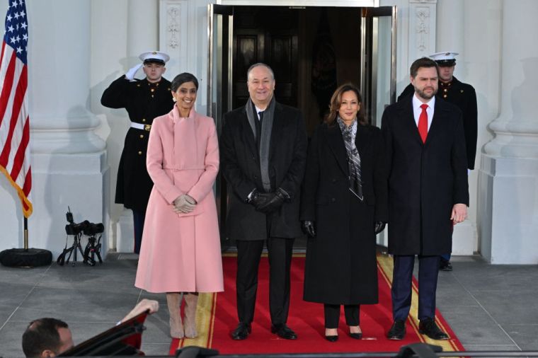 (L-R) Usha Vance, US Second Gentleman Douglas Emhoff, Vice President Kamala Harris and Vice President-elect JD Vance