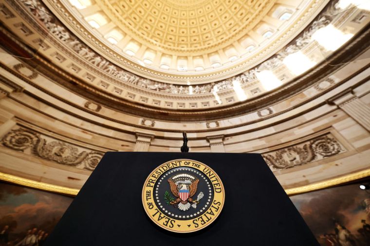 A view of the podium ahead of the inauguration ceremony.