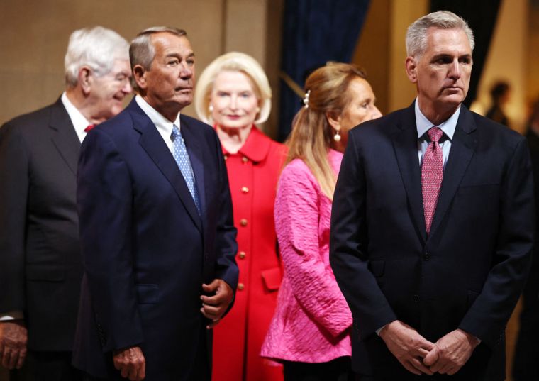 Former US Speakers of the House (L-R) Newt Gingrich, John Boehner, and Kevin McCarthy arrive for the inauguration