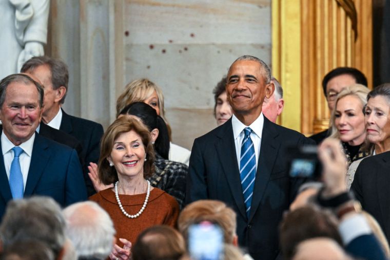(L-R) Former President George W. Bush, Former First Lady Laura Bush and Former President Barack Obama arrive for the inauguration