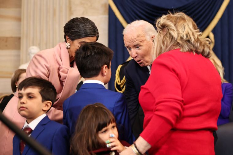 U.S. President Joe Biden reacts with the family of U.S. Vice President-elect former Sen. J.D. Vance