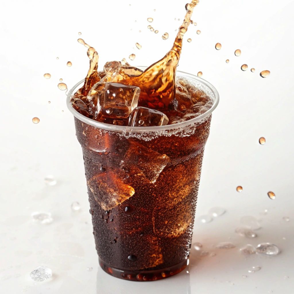 Cola drink with ice cube splashing
