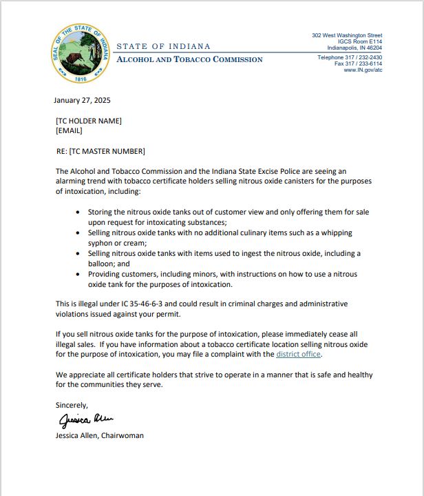 Image of ATC Letter Sent in Reference to Abuse of Nitrous Oxide