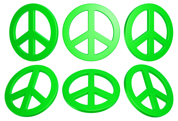 Isolated green metal peace symbol in different angles. 3D rendering.
