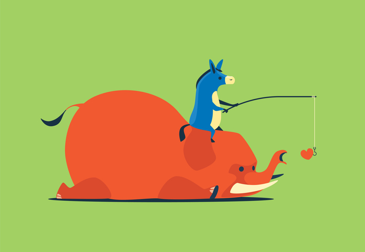 blue donkey guiding red elephant