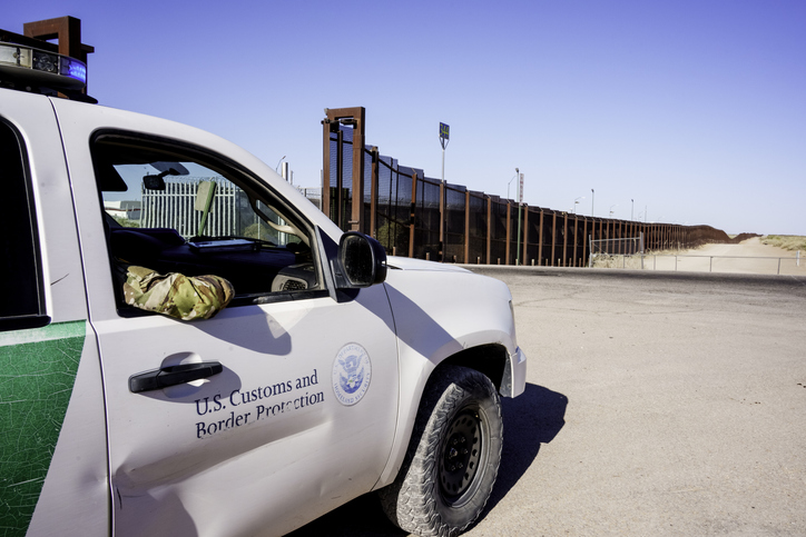 Semi-Truck Crossing International Border Barrier Between Mexico and USA at Crossing at Santa Teresa Chihuahua and New Mexico