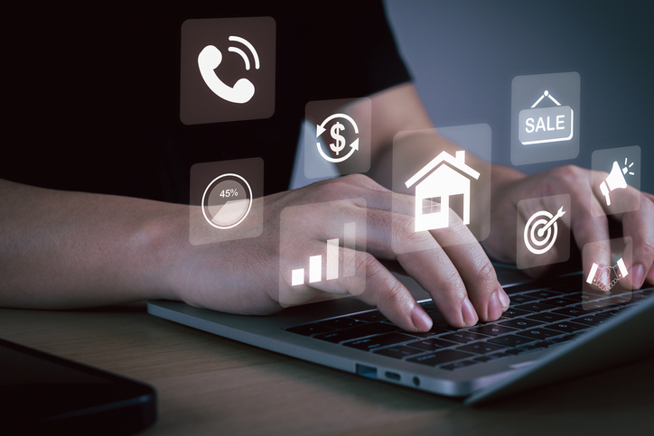 Broker House. customer people hand working on laptop computer with virtual financial icon diagram, real estate agent, buy house, business finance, digital marketing, network technology concept