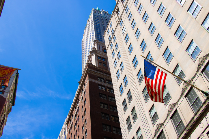 Lower Manhattan cityscape with National Flag in Manhattan, Brooklyn, NY, USA