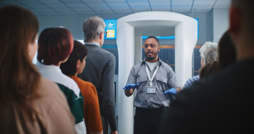 Security Officer Instructs Passengers About TSA Screening Procedures for Boarding Plane Flight
