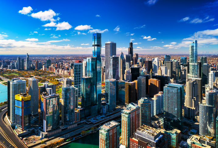 Chicago Downtown Vivid Aerial View Near Chicago River With Park