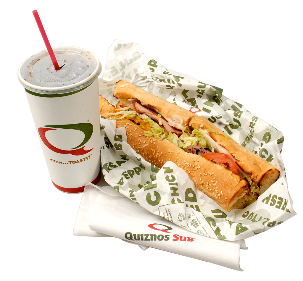 Quiznos sub sandwich and trademark soda cup.