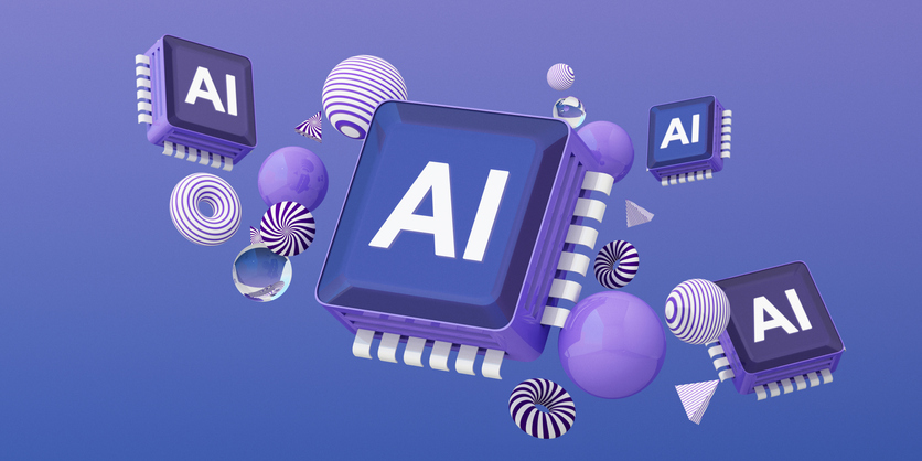 Multiple AI chips with abstract purple spheres and striped patterns floating in space, showcasing advanced digital innovation and technology design, 3d rendering.