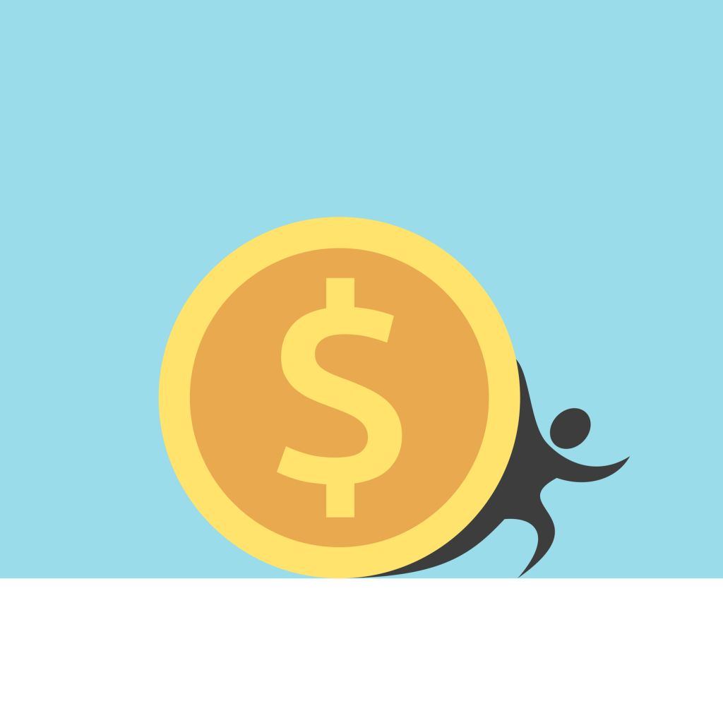 Man struggling, money crushing