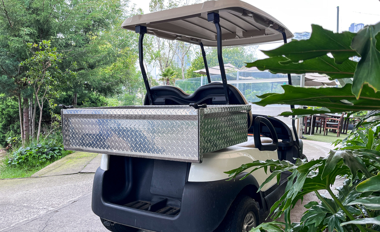Golf cart with cargo box parked outdoors