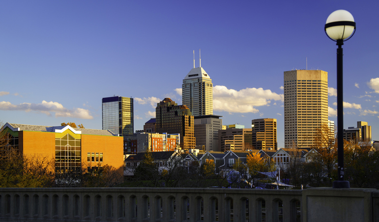 Indianapolis Downtown Skyline in Autumn: Cityscape with Landmark Buildings and Modern Architecture in Indiana
