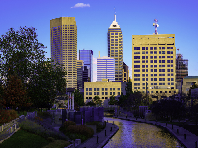 Indianapolis Downtown Skyline in Autumn: Cityscape with Landmark Buildings and Modern Architecture in Indiana